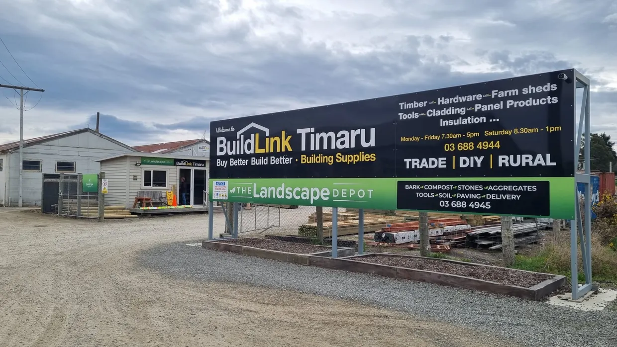 The big BuildLink Timaru sign at the King Street entrance, with The Landscape Depot sign beneath it