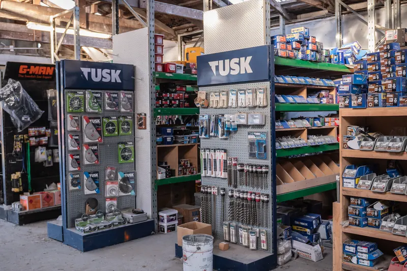 Power tool and accessory shelving inside BuildLink Timaru